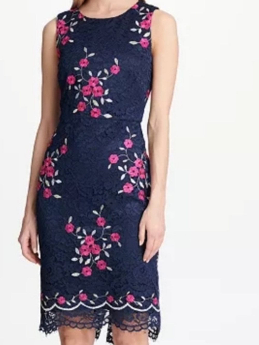 DKNY Navy Lace Sheath Dress with Pink Floral Embroidery Size 10